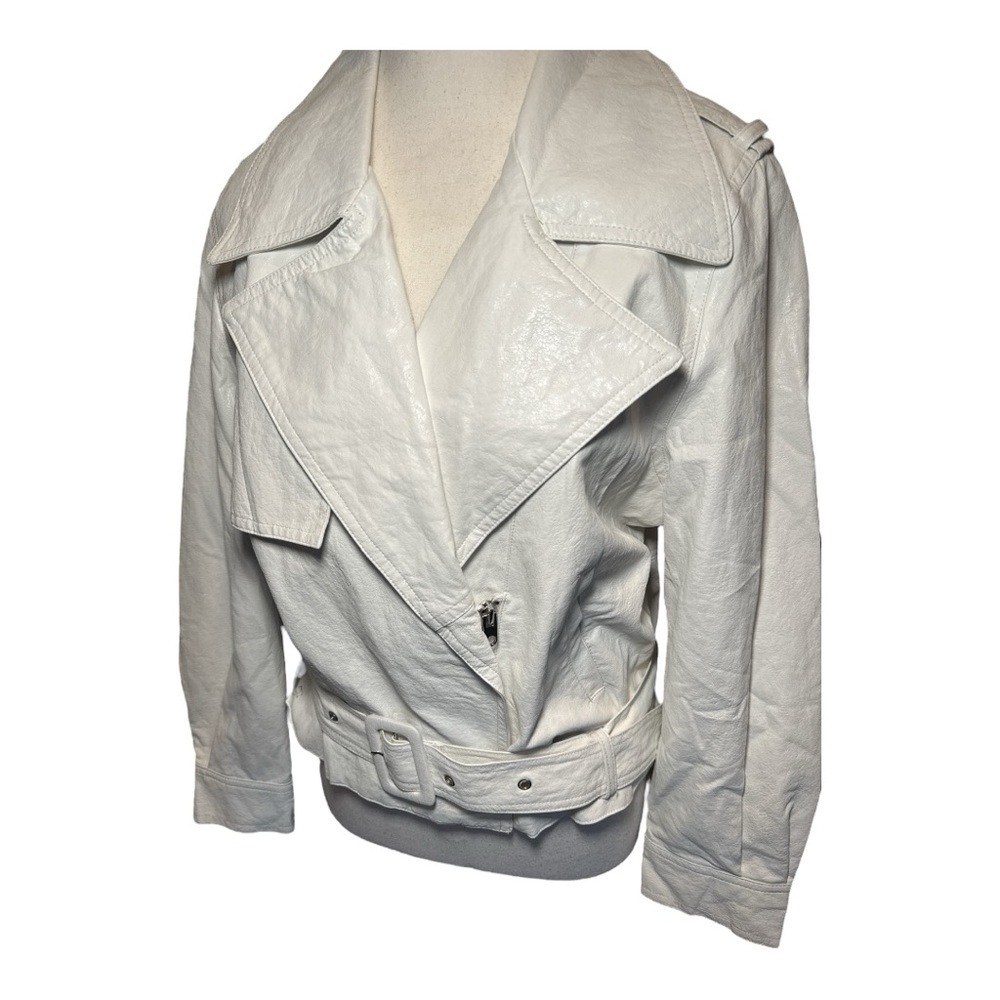 Zara White Faux Leather Moto Jacket Belted Oversized Lapel Medium - Picture 8 of 10